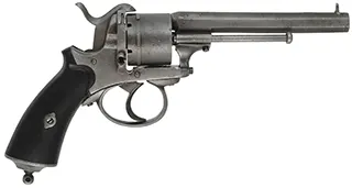 System LeFauchuex Pin Fire Revolver,
caliber 9mm pin fire, 4-3/4" barrel,
broom handle, double action, Belgian proof marks